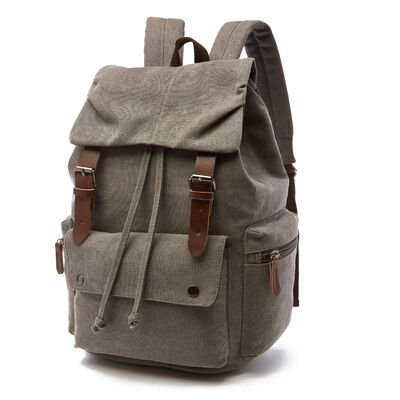 Vintage Custom Canvas Backpack Drawstring Leather Trim Casual Rucksack
