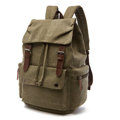 Vintage Custom Canvas Backpack Drawstring Leather Trim Casual Rucksack