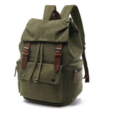 Vintage Custom Canvas Backpack Drawstring Leather Trim Casual Rucksack