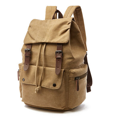Vintage Custom Canvas Backpack Drawstring Leather Trim Casual Rucksack
