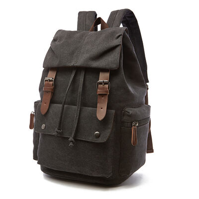 Vintage Custom Canvas Backpack Drawstring Leather Trim Casual Rucksack