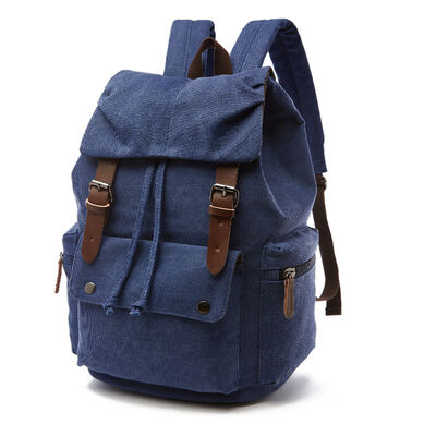 Vintage Custom Canvas Backpack Drawstring Leather Trim Casual Rucksack