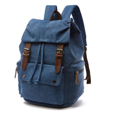 Vintage Custom Canvas Backpack Drawstring Leather Trim Casual Rucksack