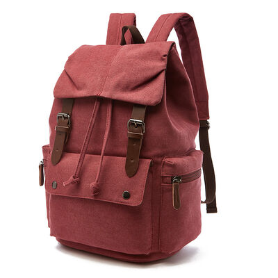 Vintage Custom Canvas Backpack Drawstring Leather Trim Casual Rucksack