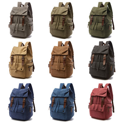 Vintage Custom Canvas Backpack Drawstring Leather Trim Casual Rucksack