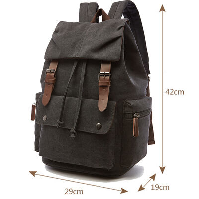 Vintage Custom Canvas Backpack Drawstring Leather Trim Casual Rucksack