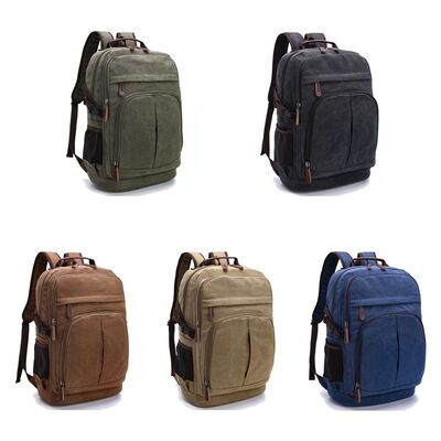 Triple Main Chamber Canvas Backpack Multi Layer Laptop Travel Rucksack