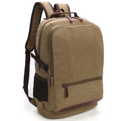 Classic Canvas School Backpack Twin Front Pocket Leather Base Rucksack
