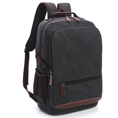 Classic Canvas School Backpack Twin Front Pocket Leather Base Rucksack