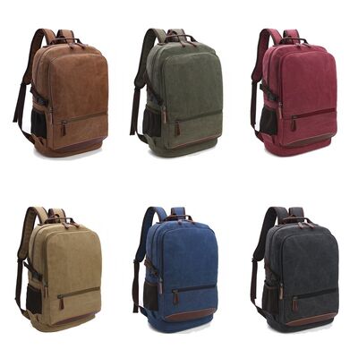 Classic Canvas School Backpack Twin Front Pocket Leather Base Rucksack