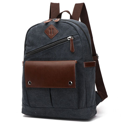 Vintage Canvas Backpack Diagonal Zipper Rucksack Leather Flap Commuter Bag