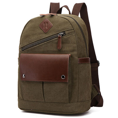Vintage Canvas Backpack Diagonal Zipper Rucksack Leather Flap Commuter Bag