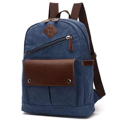 Vintage Canvas Backpack Diagonal Zipper Rucksack Leather Flap Commuter Bag