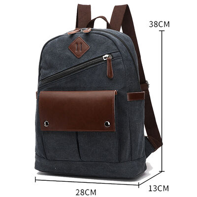 Vintage Canvas Backpack Diagonal Zipper Rucksack Leather Flap Commuter Bag