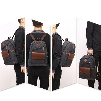 Vintage Canvas Backpack Diagonal Zipper Rucksack Leather Flap Commuter Bag