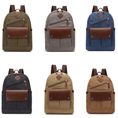 Vintage Canvas Backpack Diagonal Zipper Rucksack Leather Flap Commuter Bag